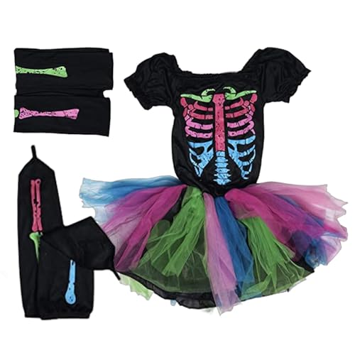 Nmkeqlos Skelett-Kostüm für Kinder, Halloween-Kostüme für Teenager-Mädchen - Regenbogen-Skelett-Kostüm,Skelettkleid für Mädchen, Kinderkostüm für Party, Halloween, Maskerade von Nmkeqlos