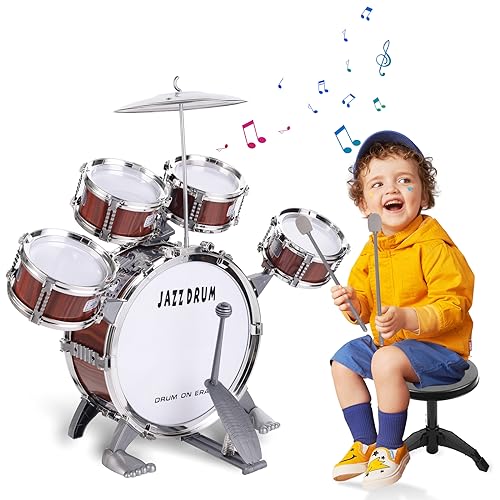 Kinderschlagzeug,Schlagzeug für Kinder Set 5 Trommelns mit Hocker Percussion-Musikinstrumente,Jazz Rock Drum Set Kindergeburtstag Weihnachten Kinder ab 3 Jährige (Rot) von Noaideoi