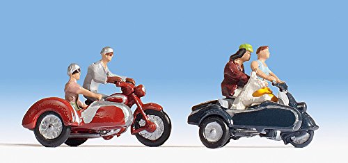 NOCH H0 Figuren Motorradfahrer, handkolorierte Miniaturfiguren für Modellbahn H0, Set aus 4 Figuren und 2 Motorrädern mit Beiwagen von Noch