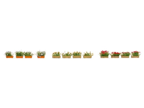 NOCH® Blumenkästen blühend rot, weiß und gelb, Pflanzen für Modellbau, 12er-Set für die Spurweite H0, ideal für Landschaftsgestaltung von Noch