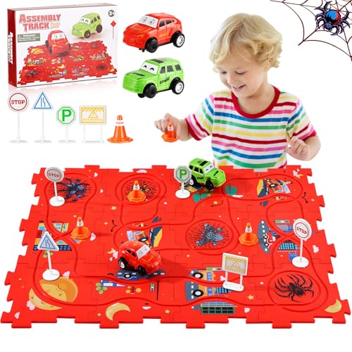 Puzzle Spielzeug ab 3 4 5 6 Jahre, Spider Puzzel Auto Rennbahn Kinder Jigsaw Puzzle mit 2 Fahrzeugen,Montessori Cars Spielzeug Kinderspiele Geschenk ab 3 4 5 6 Jahre Junge Mädchen von Noetoy