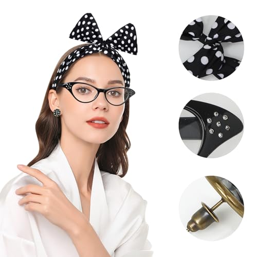 Nofonda 50er 60er Polka Dot Kostüm Zubehör Set Halstuch Katze Brille Bandana Haarband und Ohrringe Retro-Look für Damen Frauen (schwarz) von Nofonda