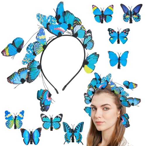 Nogeqi Schmetterling Haarschmuck Kostüm Kinder mit 8 Stück aufkleber, Schmetterlinge Stirnband Fühler Haarreif Damen, Karneval Haarreif Party Butterfly Headbands Butterfly Hairband Fasching Haar Acces von Nogeqi