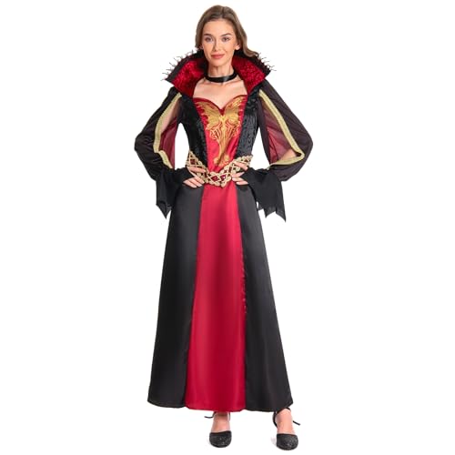 Mitternachts-Vampir-Kostüm für Erwachsene, mit Umhangkragen, gruseliges Kostüm-Set, weibliche Majestät, Vampirin, Kostüm, Outfit, Königin, Spitzenärmel, Verkleidung, Party, Cosplay von Noiclub