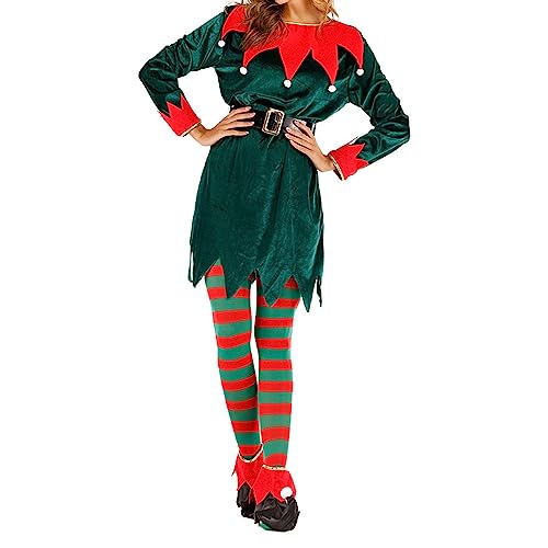 Nokiwiqis 2-teilige Damen Elfen Kostüm Elegant Wichtel Weihnachtself Kleid mit Elfen Hut Samt Weihnachtskleid für Weihnachten Cosplay Karneval Rollenspiel (Grün, L) von Nokiwiqis