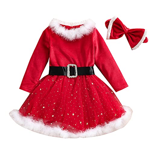 Nokiwiqis Baby Jungen Mädchen Weihnachten Outfits Kleinkind Santa Claus Kleidung Set Gestreiften Langarm Strampler+Overall+Hut Weihnachten Cosplay Kleidung (Kleid+Stirnband, 3-4 Years) von Nokiwiqis