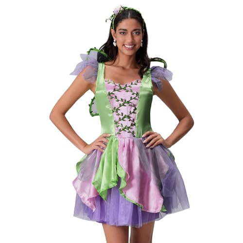 Nokiwiqis Damen Blumen Feenkostüm mit Feenflügel Fee Stirnband Feenkleid für Erwachsene Halloween Karneval Party Prinzessin Fee Kostüm (Violett, One Size) von Nokiwiqis