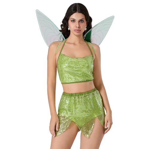 Nokiwiqis Damen Fee Kostüm Halloween Elfe Cosplay Outfit Glitzer Paillette Halter Tops mit Höschen Rock Flügeln Erwachsene Tinkerbell Kostüm, Grün (Hellgrün, M) von Nokiwiqis