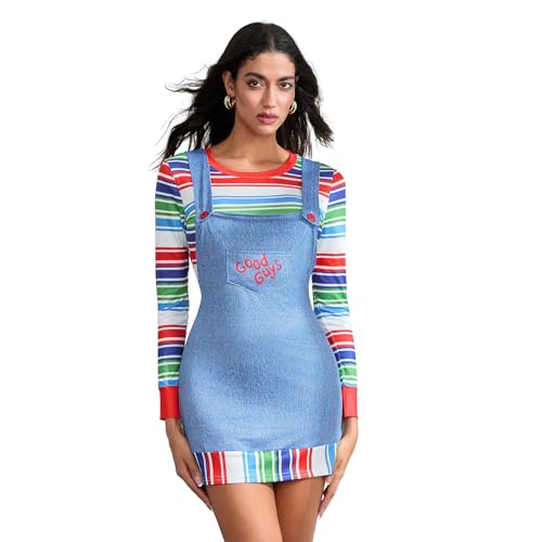 Nokiwiqis Damen Halloween Killerpuppenkostüm Horrorfilm-Charakter Clown-Cosplay-Kleid mit Regenbogen-T-Shirt und Strapsrock Karneval Faschingskostüme (Mehrfarbig, S) von Nokiwiqis