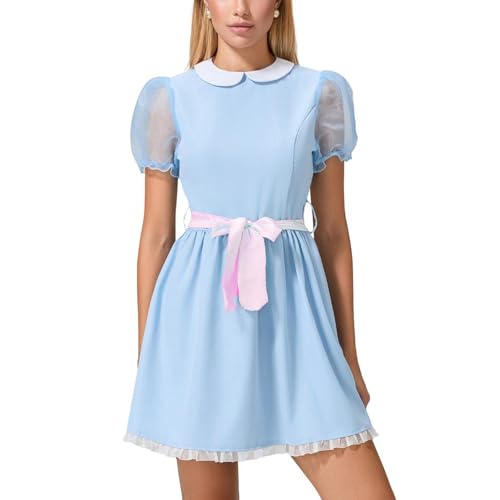 Nokiwiqis Damen Halloween Zwillinge Kostüm, Gruselige Schwester Kostüm, Grady Twins Costume, blaues Puffärmel Lolita Kleid, Cosplay-Party (Buntes Schleife, L) von Nokiwiqis