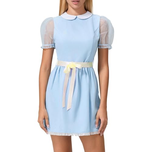 Nokiwiqis Damen Halloween Zwillinge Kostüm, Gruselige Schwester Kostüm, Grady Twins Costume, blaues Puffärmel Lolita Kleid, Cosplay-Party (Hellgelbe Schleife, L) von Nokiwiqis