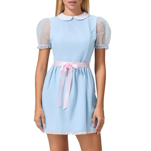 Nokiwiqis Damen Halloween Zwillinge Kostüm, Gruselige Schwester Kostüm, Grady Twins Costume, blaues Puffärmel Lolita Kleid, Cosplay-Party (Rosa Schleife, L) von Nokiwiqis