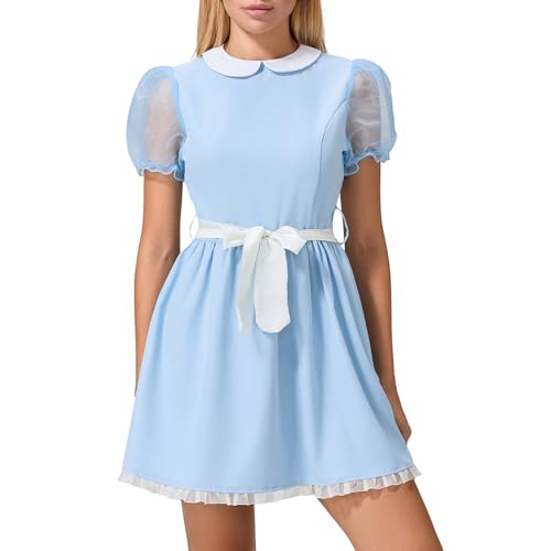 Nokiwiqis Damen Halloween Zwillinge Kostüm, Gruselige Schwester Kostüm, Grady Twins Costume, blaues Puffärmel Lolita Kleid, Cosplay-Party (Weiß Ribbon, L) von Nokiwiqis