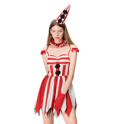 Nokiwiqis Damen Hallowen Clown Kostüm, Zirkus, Rotes Grusel Clown Kleid Hut Handschuhe Kragen Set Erwachsene Harlekin Kostüm für Cosplay Party Karneval (Rot, L) von Nokiwiqis