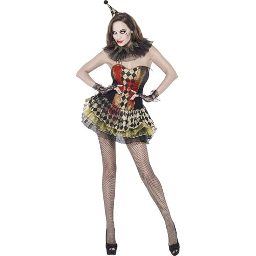 Nokiwiqis Damen Hallowen Clown Kostüm, Zirkus, Rotes Grusel Clown Kleid Hut Handschuhe Kragen Set Erwachsene Harlekin Kostüm für Cosplay Party Karneval (Schwarz, L) von Nokiwiqis