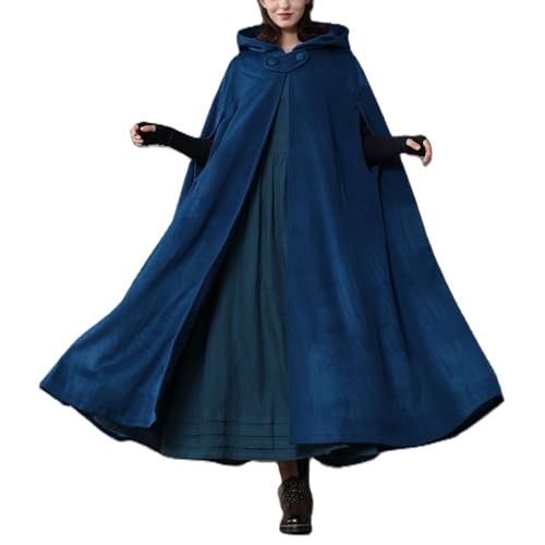 Nokiwiqis Damen Herren Mittelalter Umhang mit Kapuze Vintage Renaissance Mantel Poncho Kap Halloween Karneval Kostüm Winter Jacke Trenchcoat Outwear (Blau, L) von Nokiwiqis