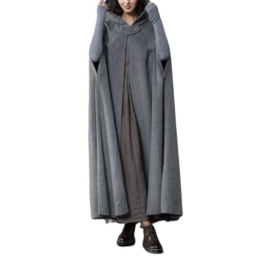 Nokiwiqis Damen Herren Mittelalter Umhang mit Kapuze Vintage Renaissance Mantel Poncho Kap Halloween Karneval Kostüm Winter Jacke Trenchcoat Outwear (Grau, L) von Nokiwiqis