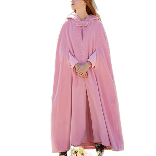 Nokiwiqis Damen Herren Mittelalter Umhang mit Kapuze Vintage Renaissance Mantel Poncho Kap Halloween Karneval Kostüm Winter Jacke Trenchcoat Outwear (Rosa, L) von Nokiwiqis