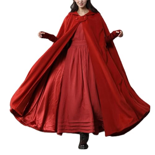 Nokiwiqis Damen Herren Mittelalter Umhang mit Kapuze Vintage Renaissance Mantel Poncho Kap Halloween Karneval Kostüm Winter Jacke Trenchcoat Outwear (Rot, L) von Nokiwiqis