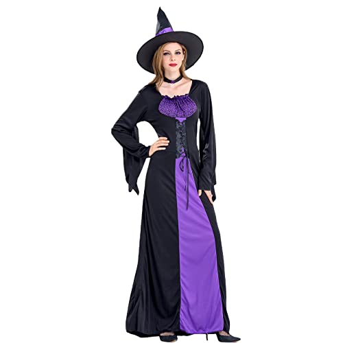 Nokiwiqis Damen Hexenkostüm Lang Hexe Kleid mit Hexenhut Erwachsene Gothic Karneval Halloween Faschingskostüme (Schwarz Lila, M) von Nokiwiqis