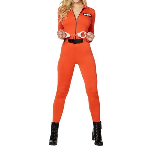 Nokiwiqis Damen Sträfling Kostüm Orange Häftling Kostüm Halloween Gefangener Overall für Erwachsener Cosplay Karneval Insasse Prisoner Costume (Orange Stil2, L) von Nokiwiqis