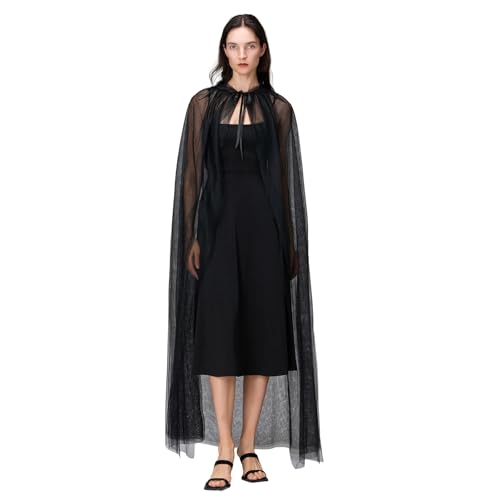 Nokiwiqis Damen Tüll Umhang, durchsichtig, Mesh Kapuzenumhang Halloween Cosplay Vampir Hexe Geist Kostüm Hochzeit Party Braut Wraps Cape (Schwarz, One Size) von Nokiwiqis