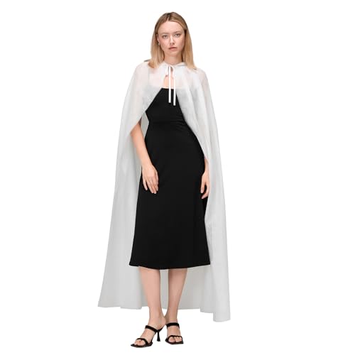 Nokiwiqis Damen Tüll Umhang, durchsichtig, Mesh Kapuzenumhang Halloween Cosplay Vampir Hexe Geist Kostüm Hochzeit Party Braut Wraps Cape (Weiß, One Size) von Nokiwiqis