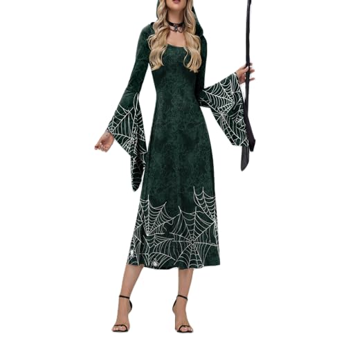 Nokiwiqis Damen Vampir Kostüm Vintage Hexenkleid Renaissance Mittelalter Kleid mit Kapuze Gothic Cosplay Halloween Karneval Faschingskostüme (Grün, L) von Nokiwiqis