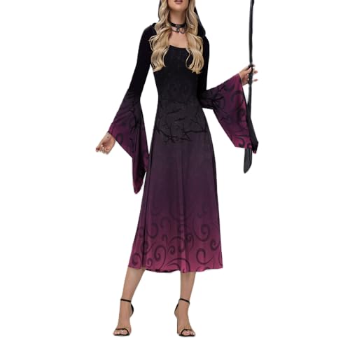 Nokiwiqis Damen Vampir Kostüm Vintage Hexenkleid Renaissance Mittelalter Kleid mit Kapuze Gothic Cosplay Halloween Karneval Faschingskostüme (Lila, M) von Nokiwiqis