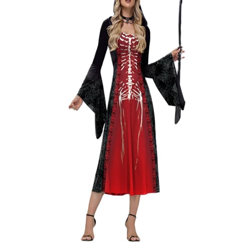 Nokiwiqis Damen Vampir Kostüm Vintage Hexenkleid Renaissance Mittelalter Kleid mit Kapuze Gothic Cosplay Halloween Karneval Faschingskostüme (Rot, L) von Nokiwiqis