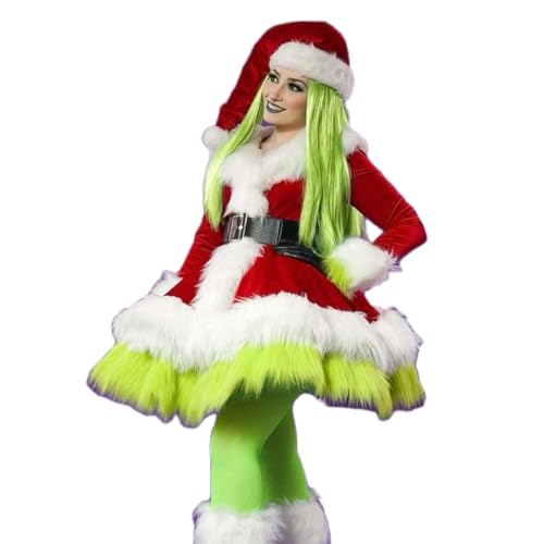 Nokiwiqis Damen Weihnachtskostüm Mrs Claus Weihnachtsmann Kostüm Set Samt Weihnachtskleid mit Santa Hut, Cosplay, Mottoparty, Weihnachten (Grün Weiß, L) von Nokiwiqis