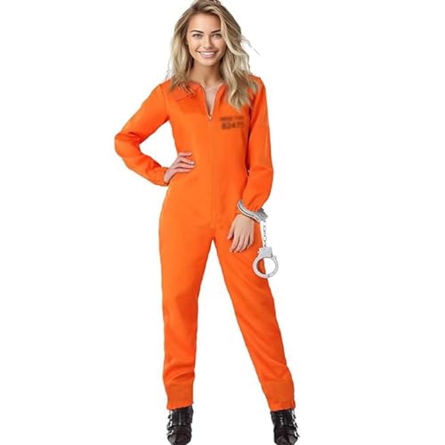 Nokiwiqis Erwachsene Orange Häftling Kostüm Unisex Prisoner Kostüm Prison Jumpsuit für Damen Herren Karneval Halloween Gefängnis Kostüm Kriminal Overalls (Orange Damen, M) von Nokiwiqis