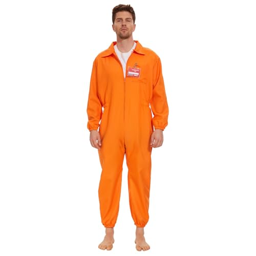 Nokiwiqis Erwachsene Orange Häftling Kostüm Unisex Prisoner Kostüm Prison Jumpsuit für Damen Herren Karneval Halloween Gefängnis Kostüm Kriminal Overalls (Orange Herren, XL) von Nokiwiqis