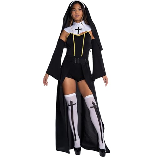 Nokiwiqis Fasching Nonne Kostüm Damen, Schwester, Kirche, Berufe, Halloween Karneval Nonnenkostüm, Playsuit mit Rock Gürtel Socke Kopfbedeckung (Schwarz, L) von Nokiwiqis