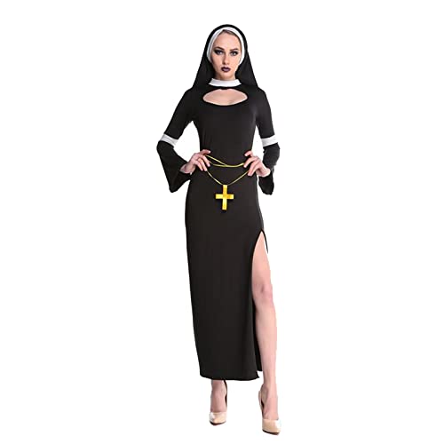 Nokiwiqis Fasching Nonne Kostüm Damen, Schwester, Kirche, Berufe, Halloween Karneval Nonnenkostüm, Playsuit mit Rock Gürtel Socke Kopfbedeckung (Weiß Schwarz, XL) von Nokiwiqis