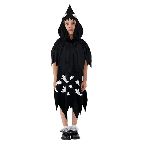 Nokiwiqis Halloween-Kostüm für Kinder Mädchen, Weiß Geisterkostüm, Gespenst Kostüm, Ärmellos Fancy Geist Kleid mit Kopfbedeckung Karneval Cosplay (Schwarz, M) von Nokiwiqis