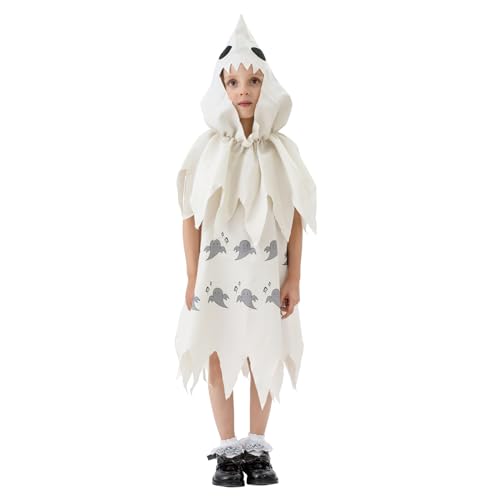 Nokiwiqis Halloween-Kostüm für Kinder Mädchen, Weiß Geisterkostüm, Gespenst Kostüm, Ärmellos Fancy Geist Kleid mit Kopfbedeckung Karneval Cosplay (Weiß, M) von Nokiwiqis