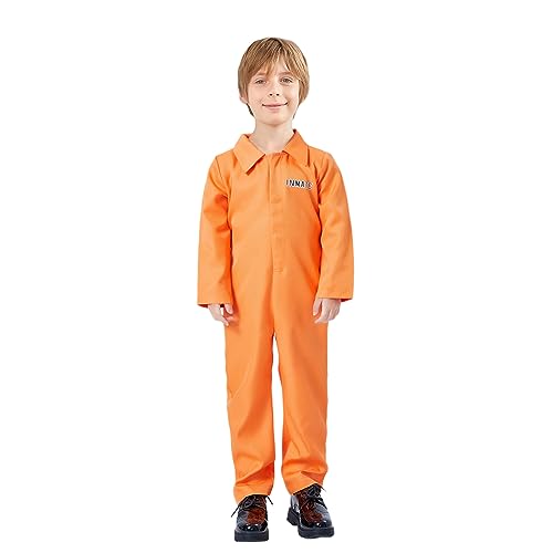 Nokiwiqis Herren Damen Kinder Orangenes Häftling Kostüm Escaped Jail Overall Sträfling Gefängnis Uniform für Halloween Cosplay Karneval (Kind Orange, XL 120CM) von Nokiwiqis