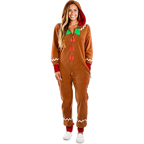 Nokiwiqis Herren Jungen Lebkuchenmann Kostüm Lebkuchen-Einteiler Strampler Overall mit Kapuze Karneval Weihnachtskostüm für Erwachsene Kinder Weihnachten Outfit (Braun Erwachsene, L) von Nokiwiqis