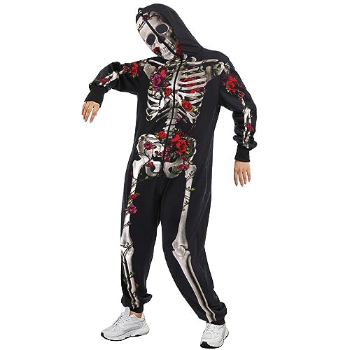 Nokiwiqis Herren Skelett Kostüm Skelett Overall Damen Skeleton Jumpsuit mit Zip Up Mask Skelett Anzug für Erwachsene Cosplay Fasching Halloween Kostüm (Schwarz Stil1, L) von Nokiwiqis