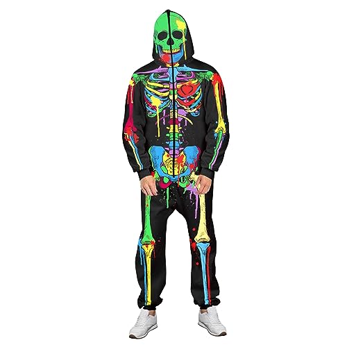 Nokiwiqis Herren Skelett Kostüm Skelett Overall Damen Skeleton Jumpsuit mit Zip Up Mask Skelett Anzug für Erwachsene Cosplay Fasching Halloween Kostüm (Schwarz Stil3, L) von Nokiwiqis