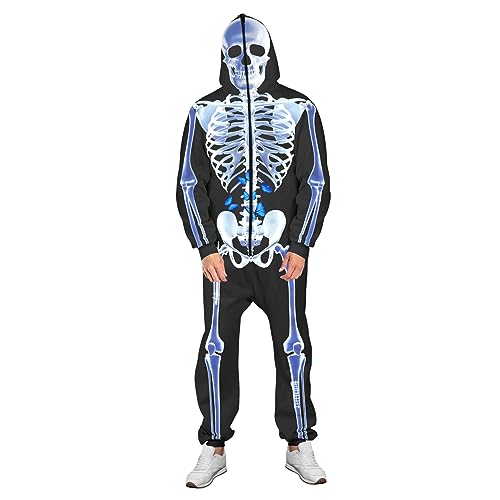 Nokiwiqis Herren Skelett Kostüm Skelett Overall Damen Skeleton Jumpsuit mit Zip Up Mask Skelett Anzug für Erwachsene Cosplay Fasching Halloween Kostüm (Schwarz Stil4, L) von Nokiwiqis