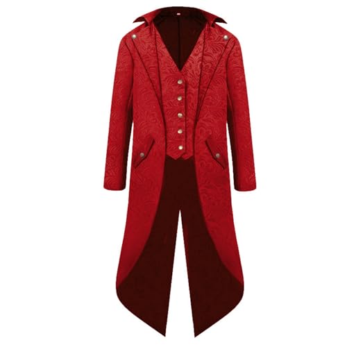 Nokiwiqis Herren Steampunk Vintage Frack Jacke Gothic Viktorianischen Gehrock Mantel Mittelalter Renaissance Uniform Cosplay Karneval Halloween Kostüm (Rot, L) von Nokiwiqis