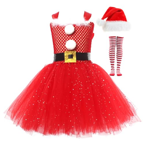 Nokiwiqis Kinder Baby Mädchen Weihnachten Kostüm Schneemann Elch Rentier Tüll Kleid mit Stirnband Hut Strümpfe Santa Prinzessin Weihnachts Karneval Outfit (Rot Stil1, 10-12 Years) von Nokiwiqis