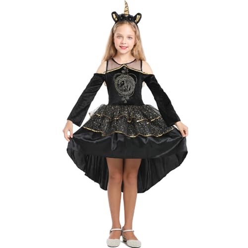 Nokiwiqis Kinder Mädchen Einhorn Kleid Halloween Costume Tiered Rüschen Kleid Horn Stirnband Geburtstag Party Einhorn Cosplay Outfit, Schwarz (Schwarz, 8-10 Years) von Nokiwiqis