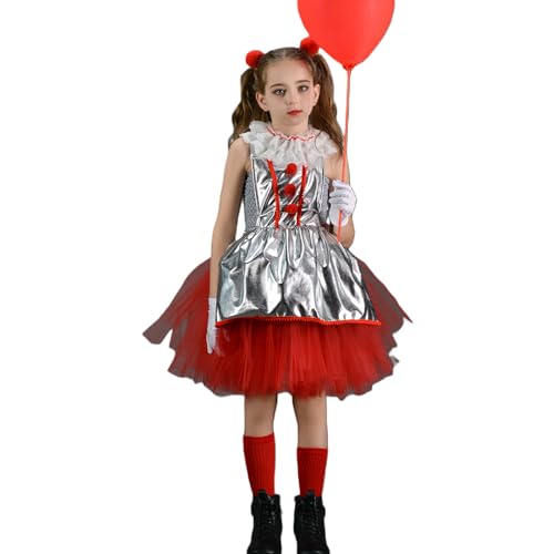 Nokiwiqis Kinder Mädchen Halloween Clown Kostüm Böser Clown Tüllkleid+ Halstuch+ Haarklammer+ Handschuhe+ Socken Gruseliger Narr Kostüm Outfit Karneval Cosplay (Silber, 2-3T) von Nokiwiqis