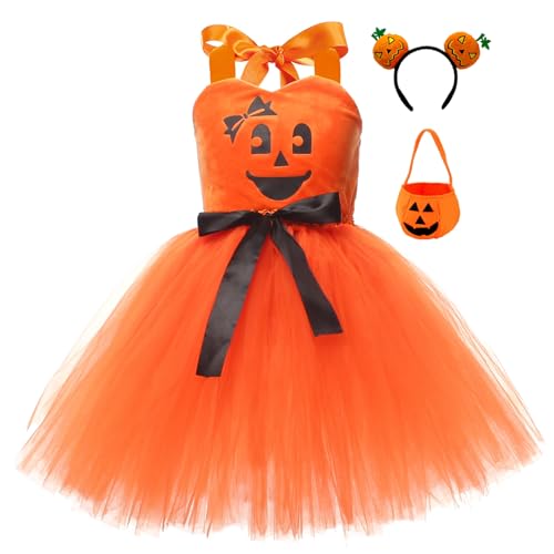 Nokiwiqis Kinder Mädchen Halloween Kürbis Kostüm Ärmellos Prinzessin Tüllkleid mit Handtasche Tasche Geburtstag Festlich Partykleid (Orange, 6-7 Years) von Nokiwiqis