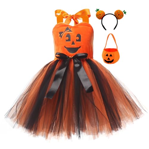 Nokiwiqis Kinder Mädchen Halloween Kürbis Kostüm Ärmellos Prinzessin Tüllkleid mit Handtasche Tasche Geburtstag Festlich Partykleid (Schwarz Orange, 10-12 Years) von Nokiwiqis