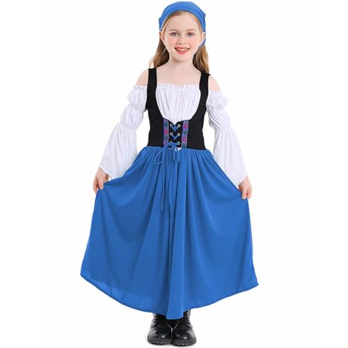 Nokiwiqis Mädchen Oktoberfest Outfit Kinder Dirndl Trachtenkleid Korsett Kleid Kostüm Bayerisches Bierfest Kleidung Ballkleid für Halloween Karneval Party (Blau, 10-12 Years) von Nokiwiqis