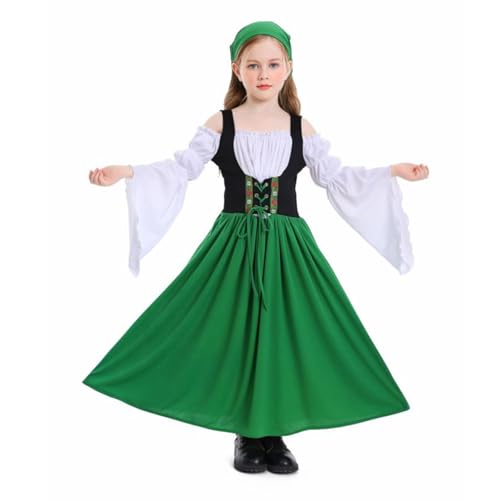 Nokiwiqis Mädchen Oktoberfest Outfit Kinder Dirndl Trachtenkleid Korsett Kleid Kostüm Bayerisches Bierfest Kleidung Ballkleid für Halloween Karneval Party (Grün, 10-12 Years) von Nokiwiqis